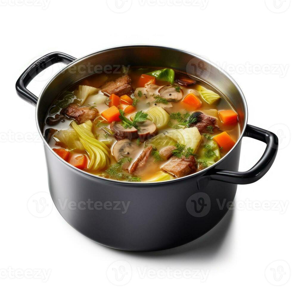 Pot of soup with meat and vegetables Isolated on White Background AI Generated photo