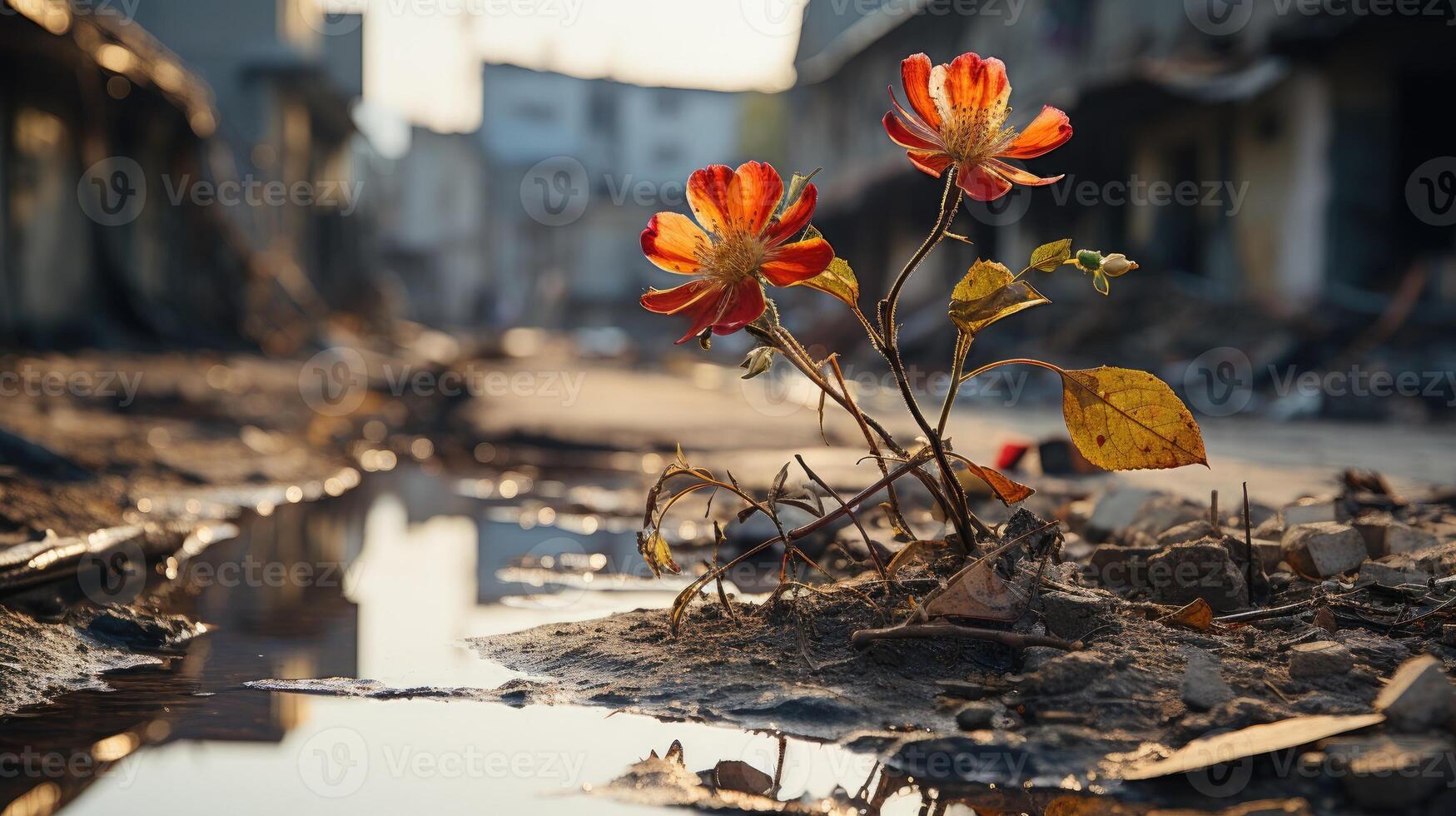 A flower in the destroyed city AI Generated photo