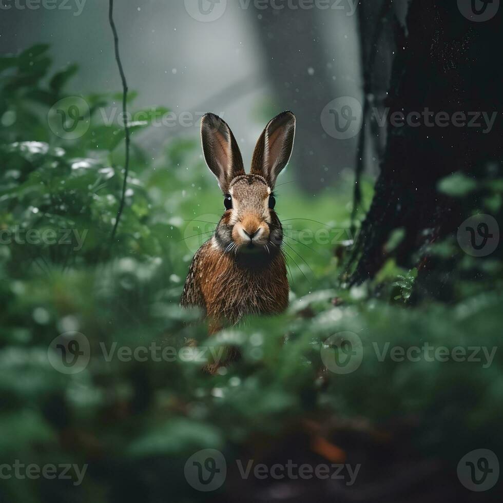 salvaje Conejo en lluvia bosque ai generado foto