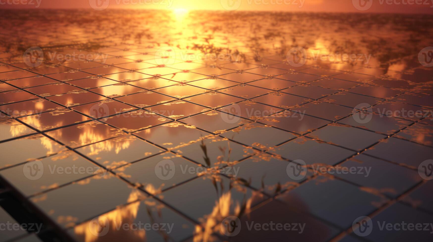 The surface of the solar battery with the reflection of the sun and the sky futuristic background. Green energy concept, solar power plant with panels on the farm. AI generated photo