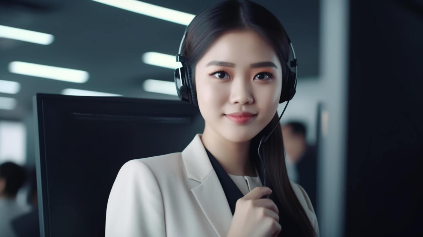 Beautiful Asian woman call center worker in the office working at the computer. The concept of customer service. photo