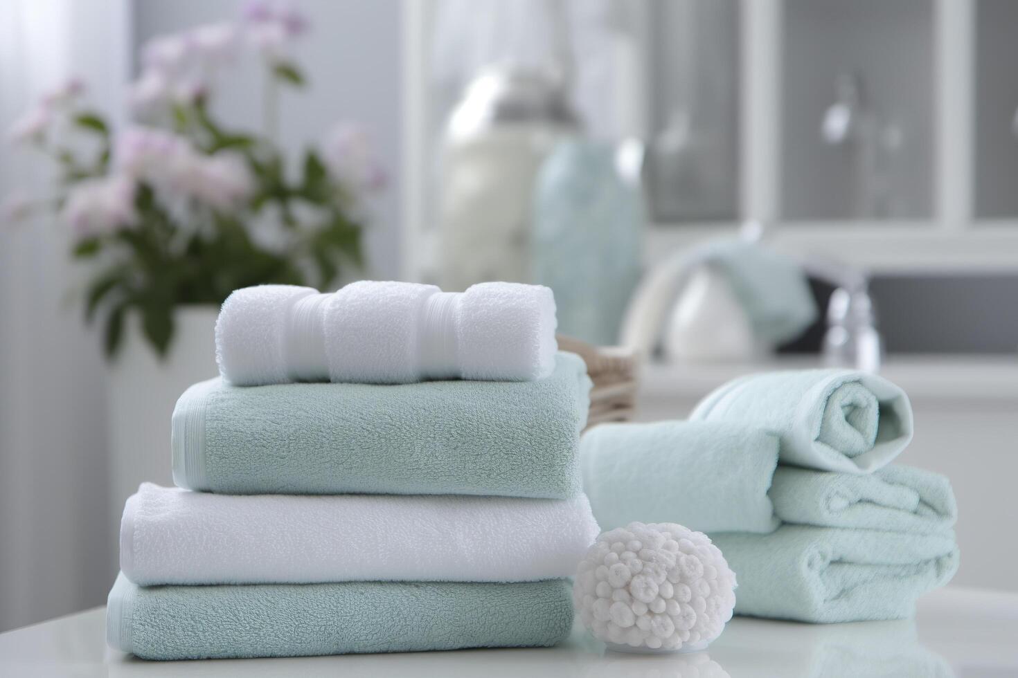 the world's softest towels against a minimalistic background. Stacked white towels sit on top of a soap dish in a bathroom. photo