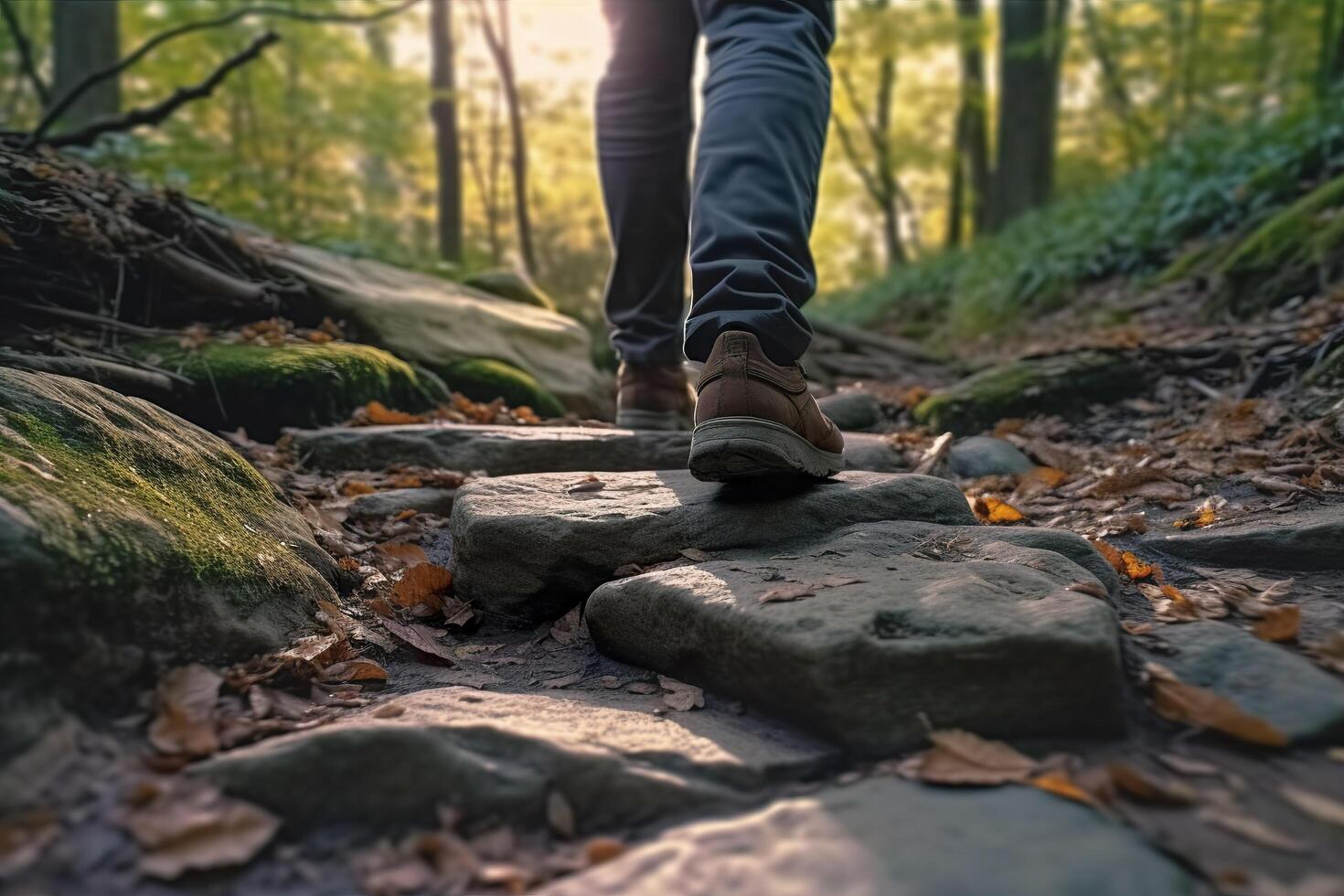 Close up a person's feet walking on rocks, Walking on a trail in the woods, Travel Concept. photo