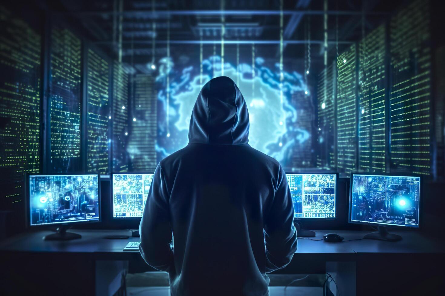 Back of anonymous robot hacker. Concept of hacking cybersecurity, cybercrime, cyberattack, etc. photo