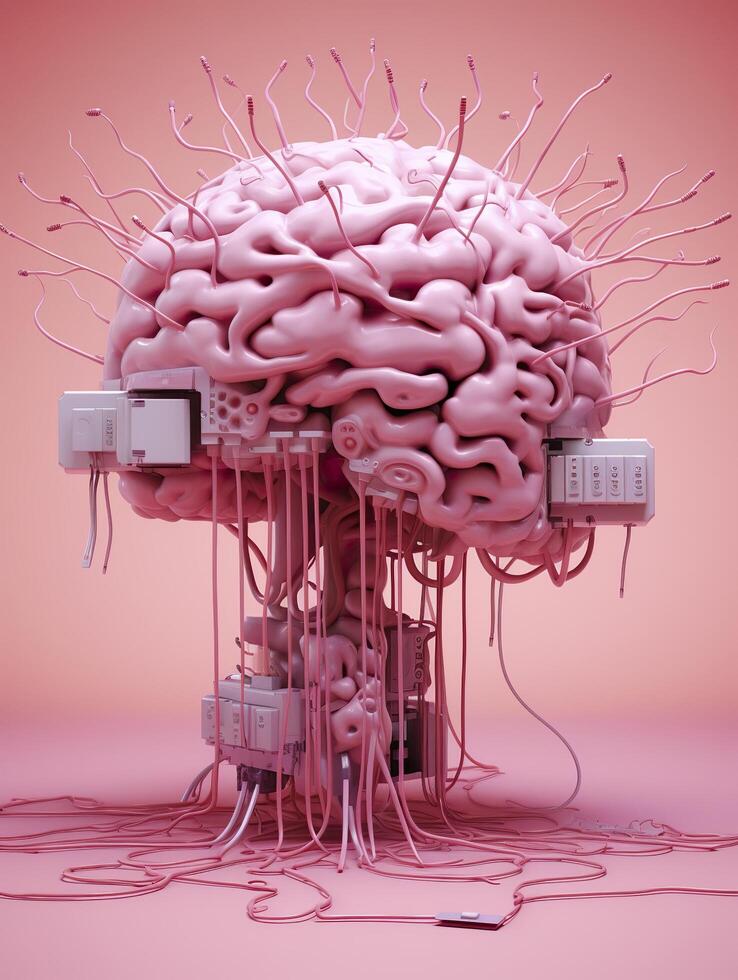 Big pink human brain with many audio jack cables plugged in this barin, 3d render, photo