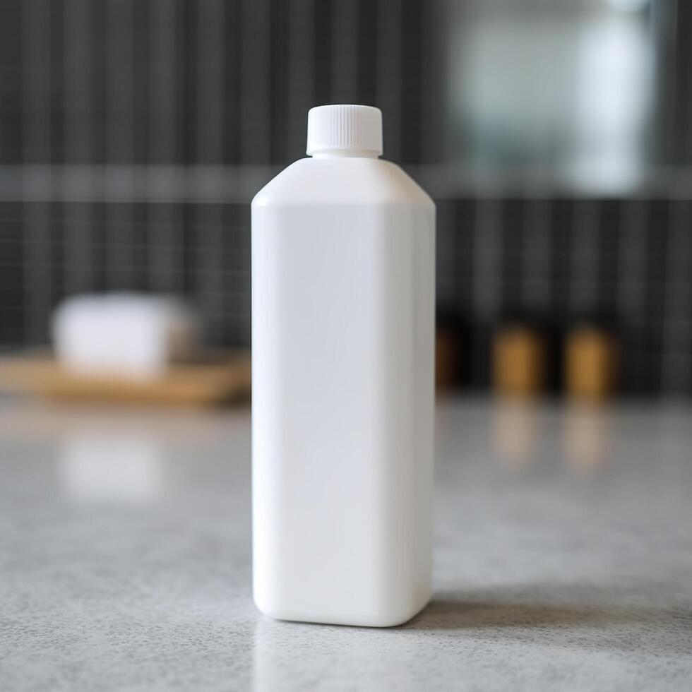 A white bottle of shampoo stands on the table in bathroom. photo