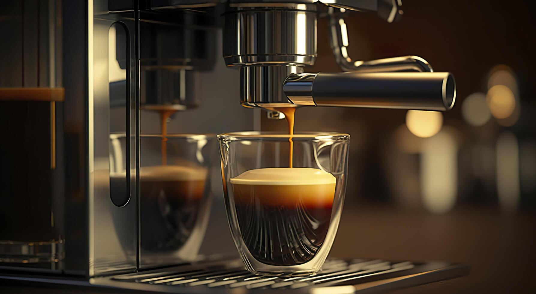 A professional coffee machine preparing an espresso coffee in a glass cup, photo