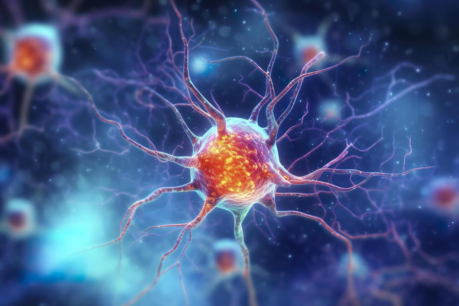 Active neurons in the brain, close up view. Scientific Generative illustration. photo