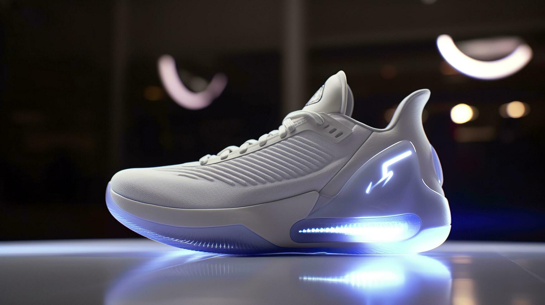 Futuristic fashion original sneakers. Future design of stylish sports shoes with neon glow, futuristic urban aesthetics. Sportswear, style and fashion, tomorrow footwear. AI Generative photo