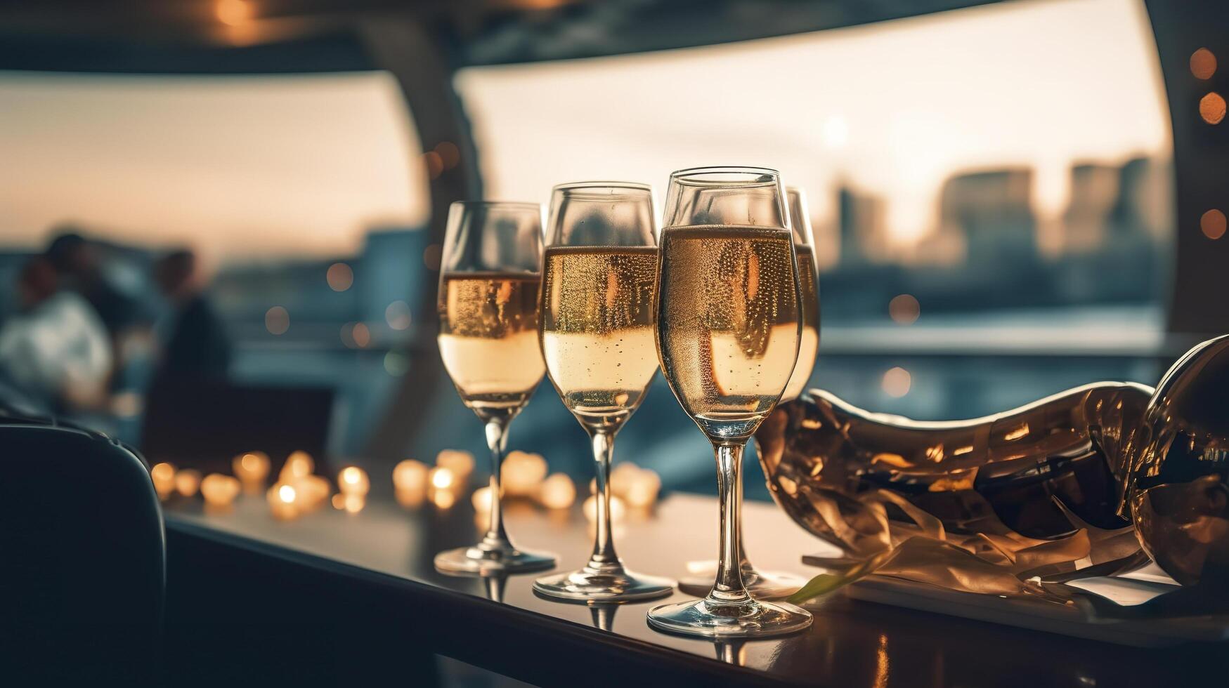 Luxury evening party on a cruising yacht with a champagne setting. Champagne glasses and bottles with champagne with bokeh yacht in the background, nobody. photo