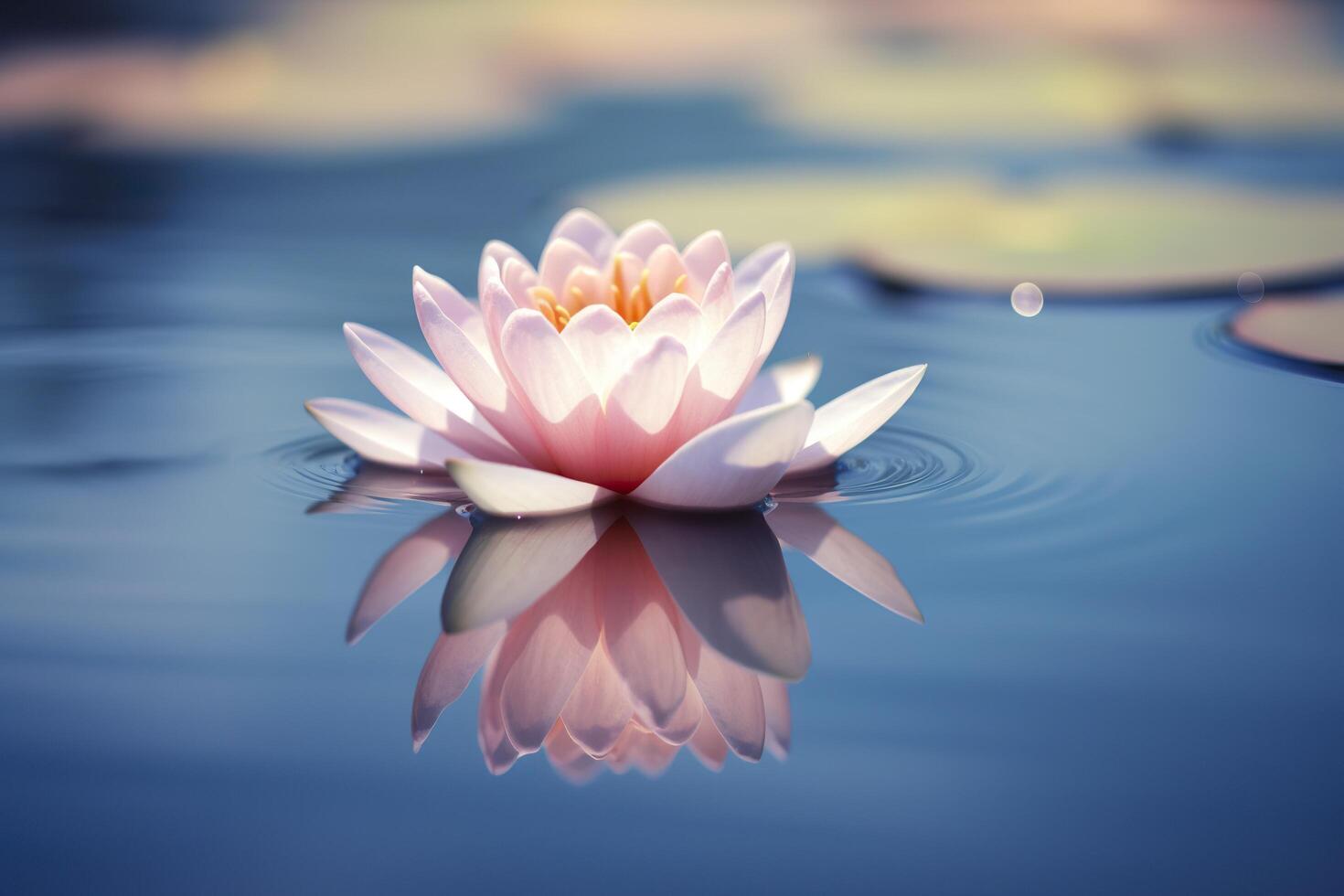 A floating lotus flower on the calm surface of a pond symbolizes the potential for transformation and spiritual growth through the practice of meditation and mindfulness. photo