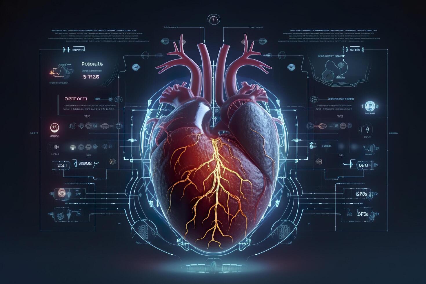 A GUI hologram of a futuristic human heart, holographic sci-fi interface, data lines, scales, and charts, cinematic, photo