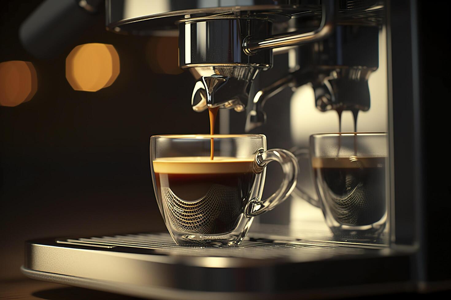 A professional coffee machine preparing an espresso coffee in a glass cup, photo