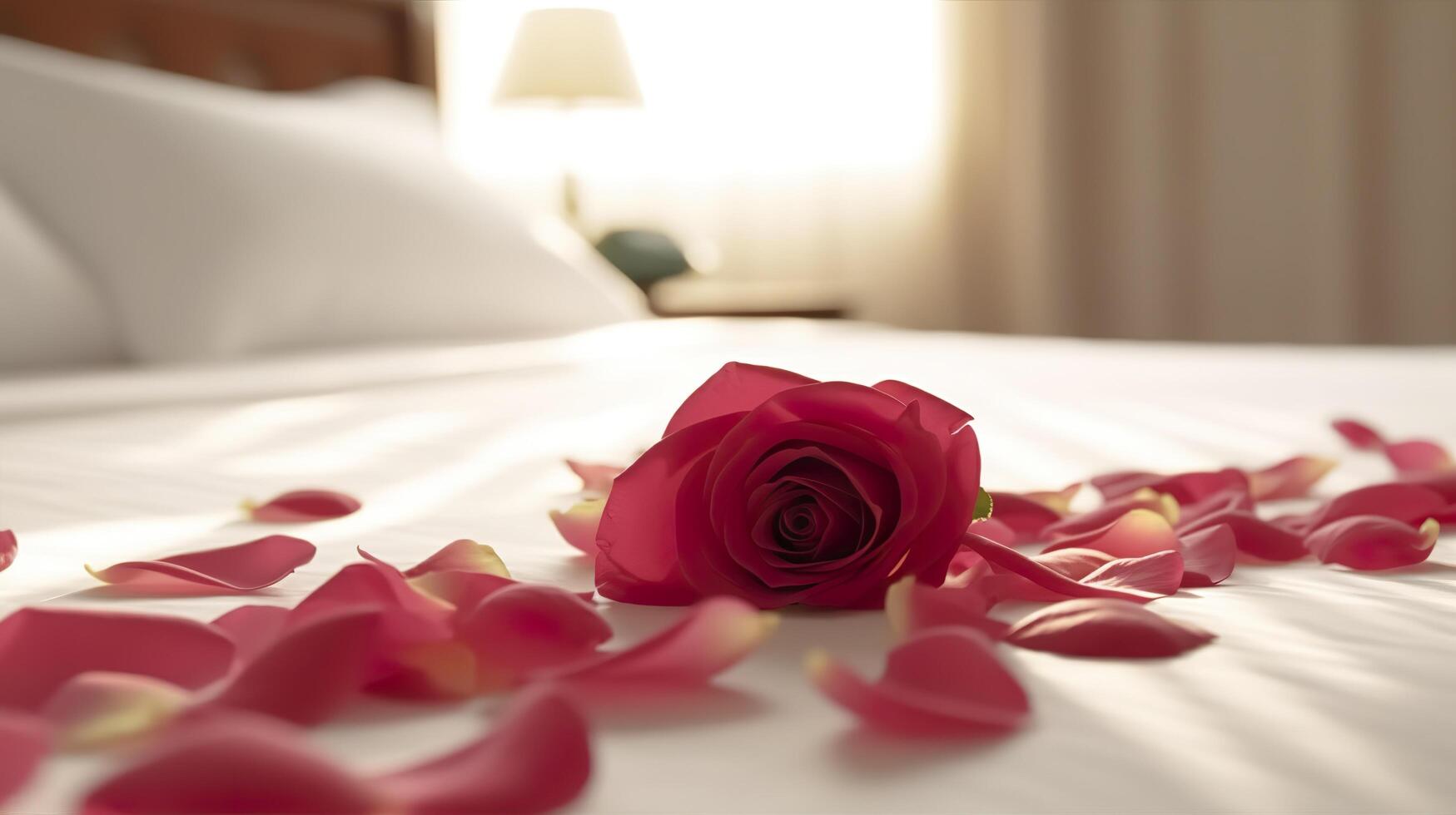 Rose on the bed in the hotel rooms. Rose and her petals on the bed for a romantic evening. honeymoon concept. photo