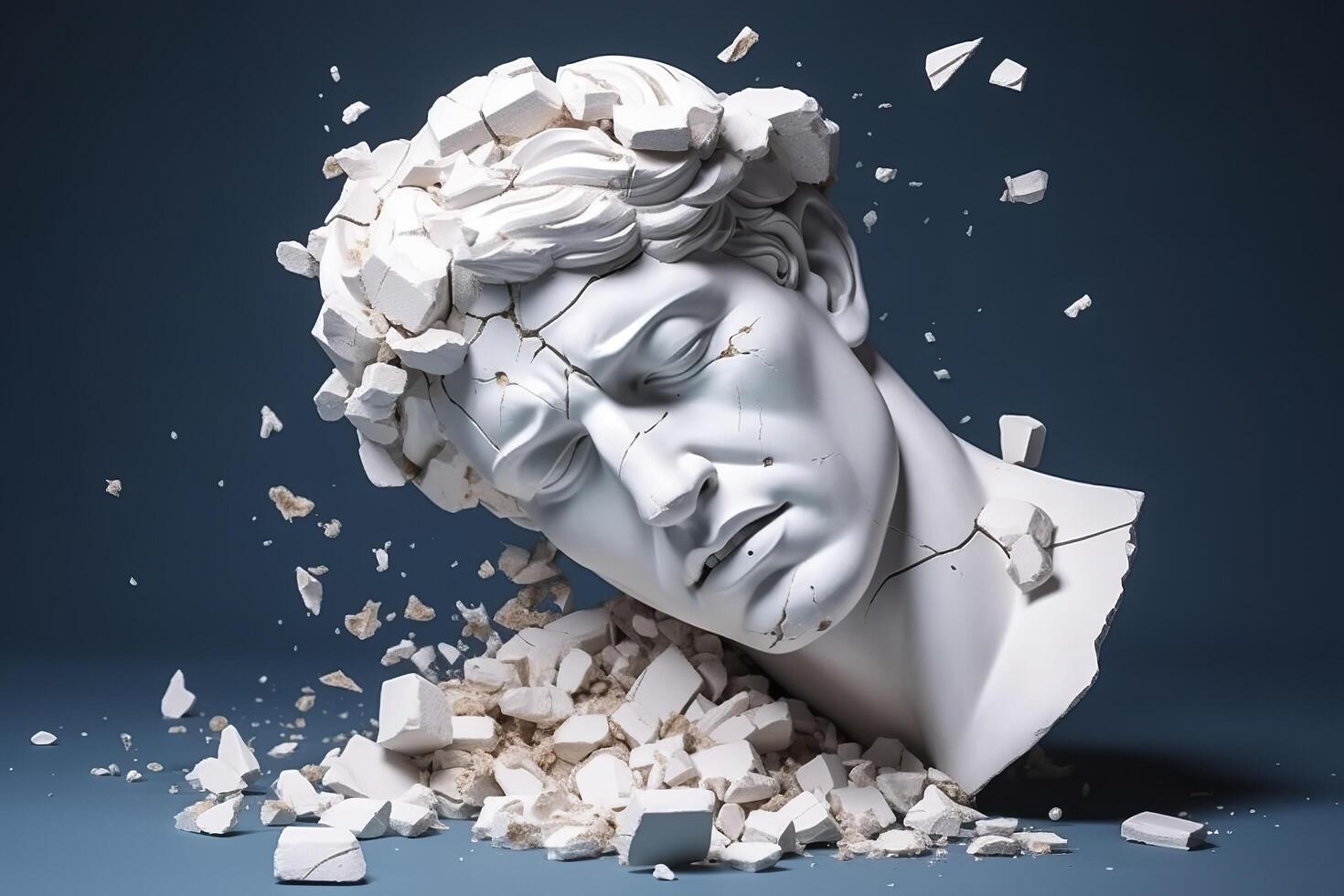 Broken ancient greek statue head falling in pieces. Broken marble sculpture, cracking bust, concept of depression, memory loss, mentality loss or illness. AI Generative photo