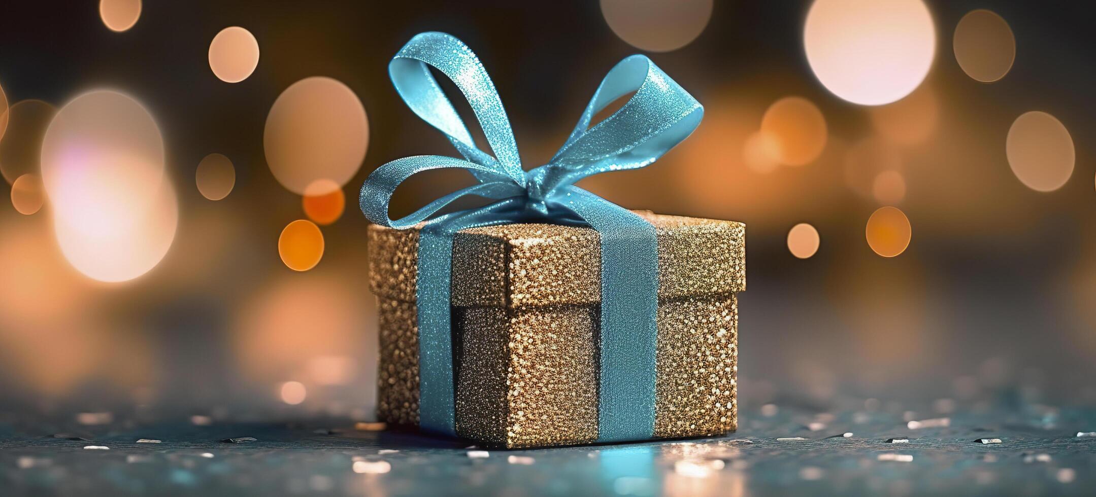 Festive gift box against bokeh background. Holiday greeting card. Typically used for birthday, anniversary presents, gift cards, post cards. photo