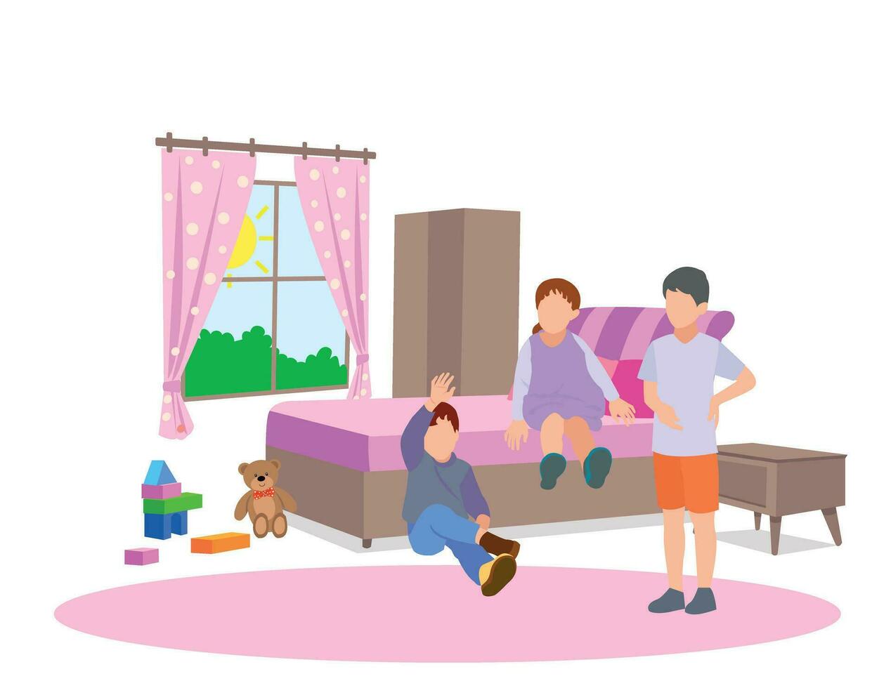 cute kids playing in the bedroom vector