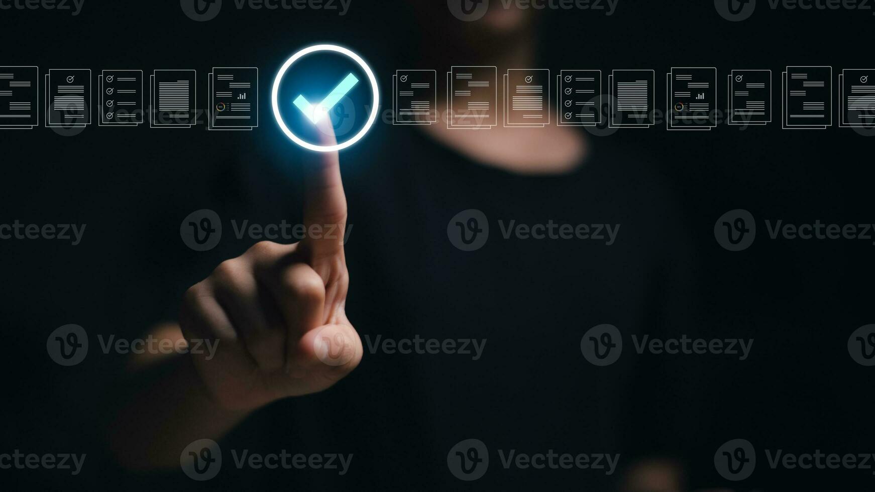 Prepare check and approve concepts. Document management, paperless. Women touching on virtual screen to tick mark documents for online approve paperless quality assurance and ERP management. photo