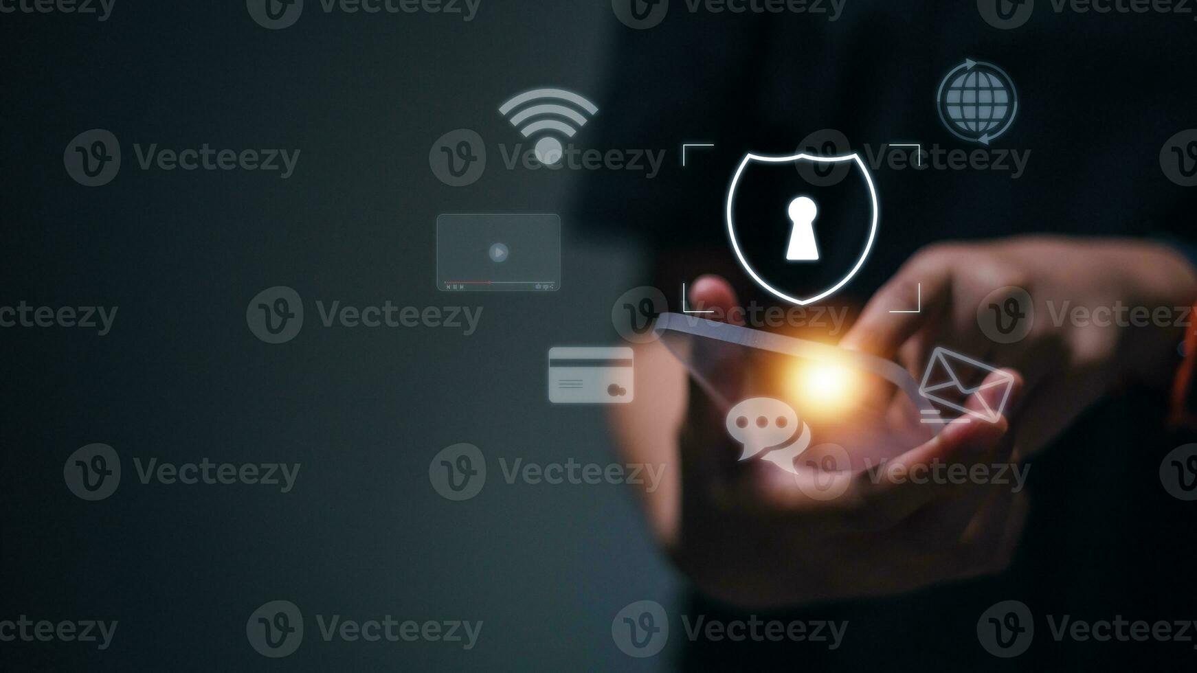 Safety online concept. icon of internet blocking app on the foreground. photo