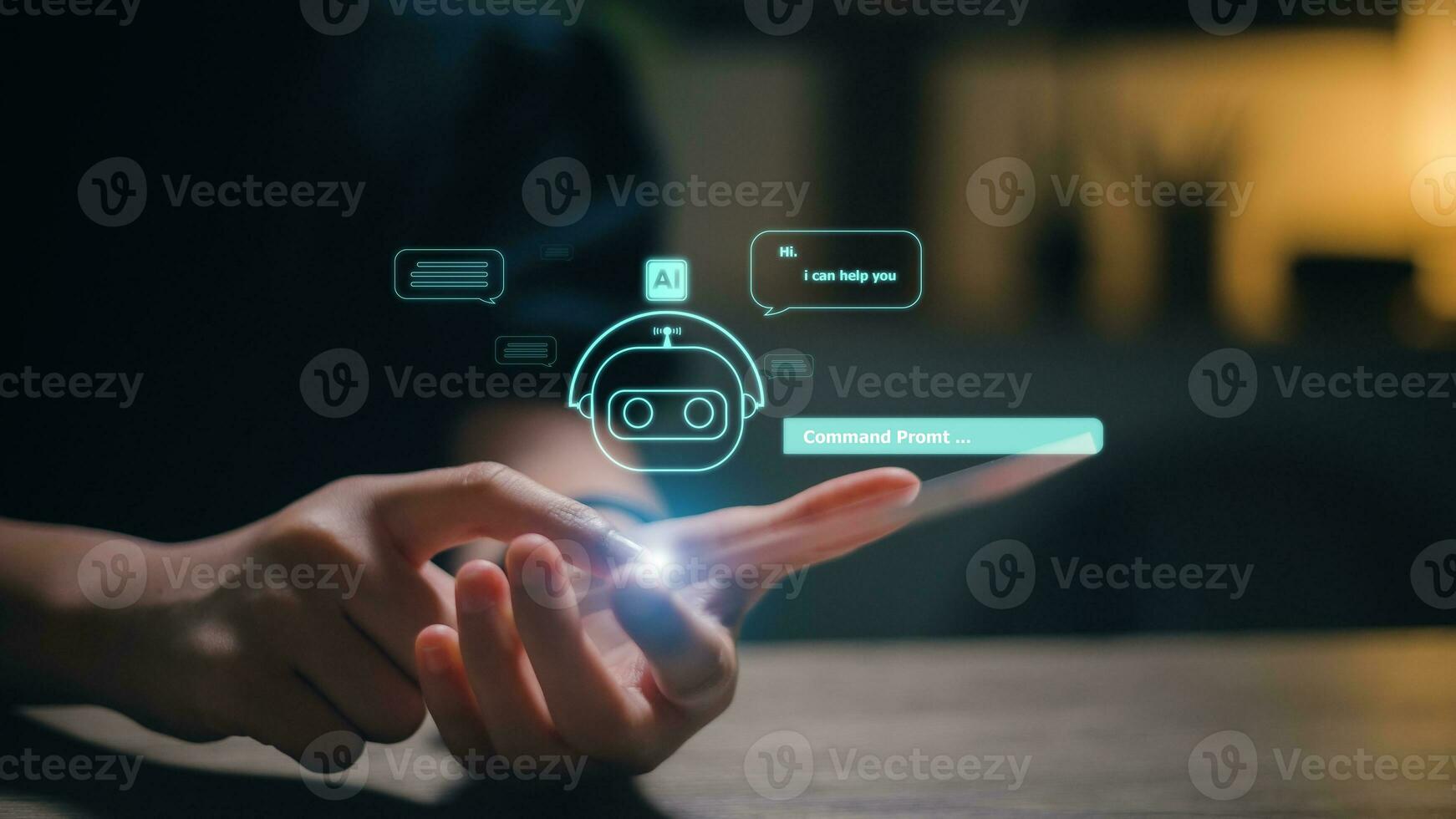Women using technology smart robot AI, enter command prompt, contact for business information analysis, and futuristic technology transformation. ChatGPT Chat concept AI, Artificial Intelligence. photo