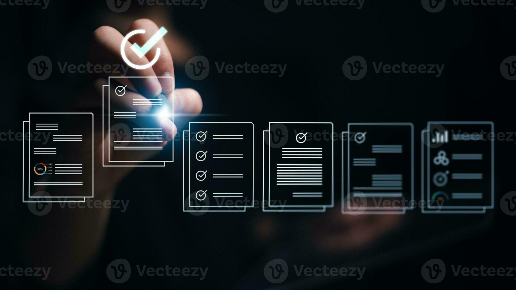 Prepare check and approve concepts. Document management, paperless. Women tick mark documents for online approval paperless quality assurance and ERP management. photo