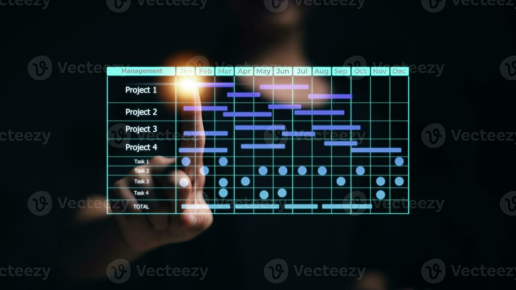 Project manager and updating tasks and milestones progress planning with Gantt chart scheduling interface for the company on virtual screen. Business Project Management System. photo