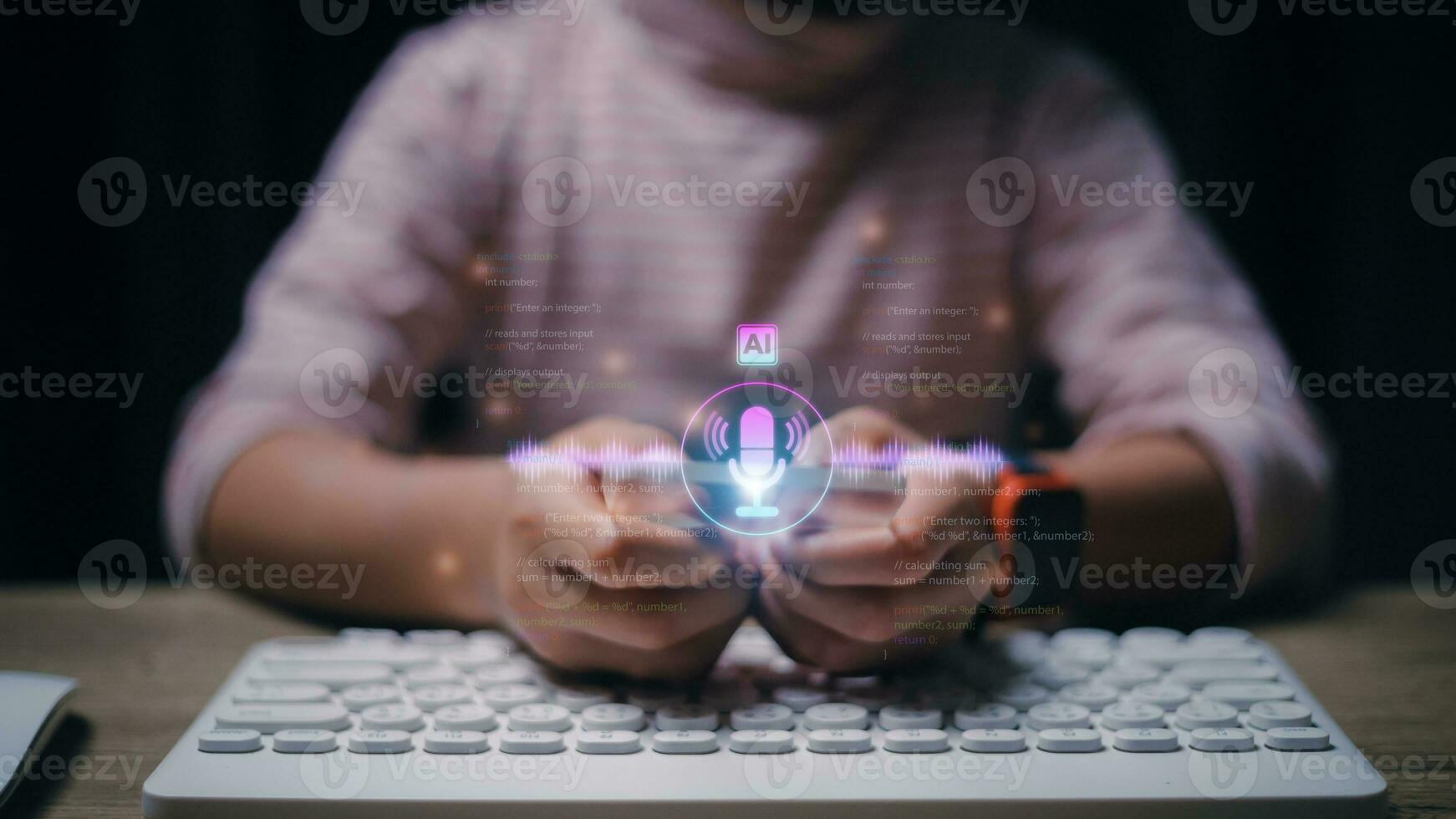 Women using technology smart robot chat AI, enter command prompts, Questions and Answers, search data, and Futuristic technology transformation. AI voice command concept. AI, Artificial Intelligence. photo