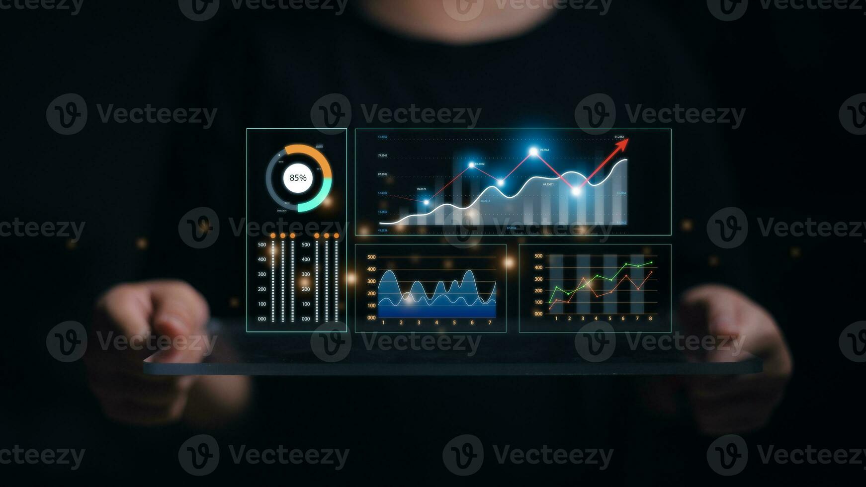 datos analista trabajando en negocio analítica tablero con gráficos, métrica y kpi a analizar actuación y crear visión informes y estratégico decisiones para operaciones administración en virtual pantalla. foto