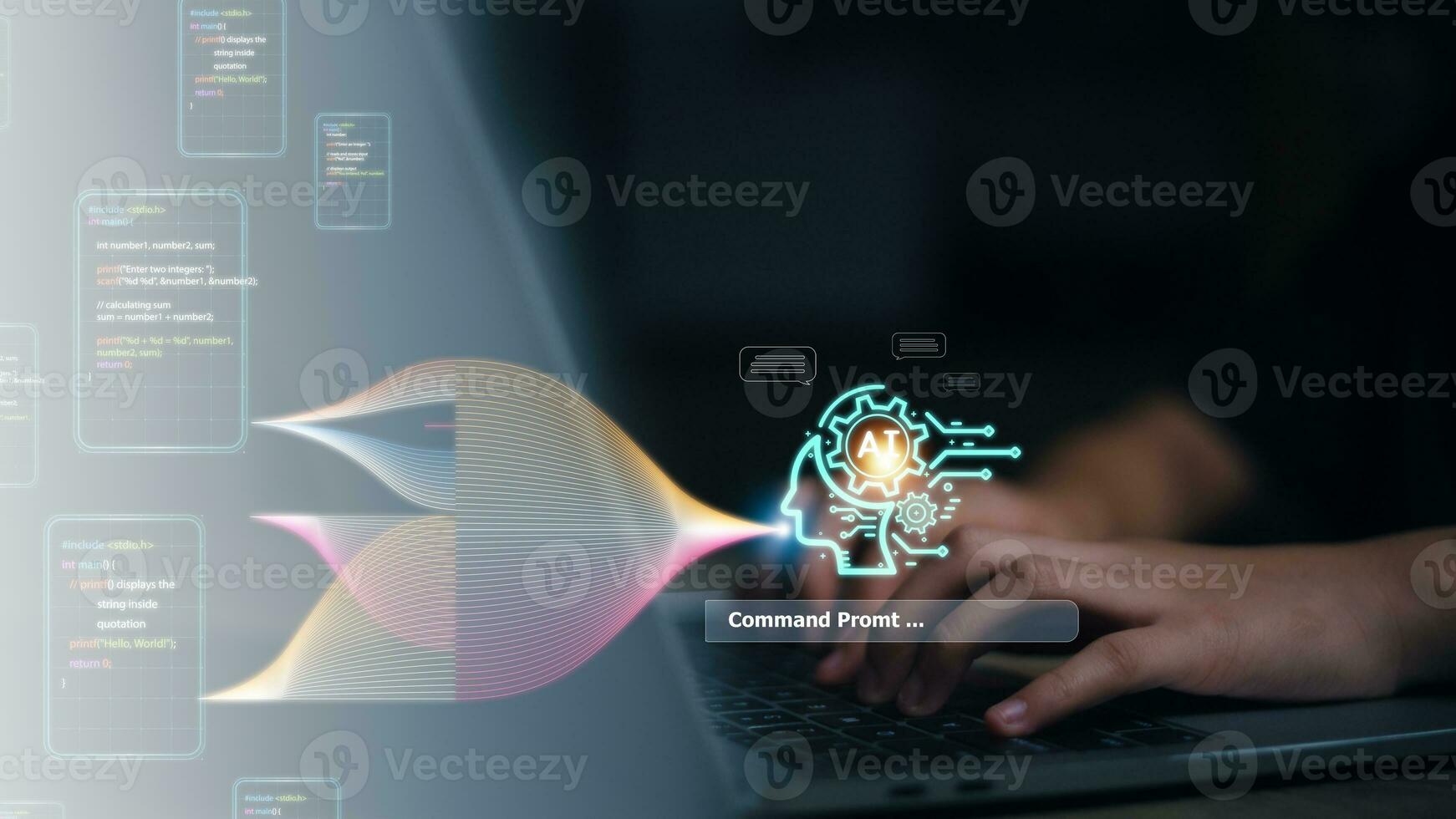 Women using technology smart robot AI, enter command prompt, contact for business information analysis, and futuristic technology transformation. ChatGPT Chat concept AI, Artificial Intelligence. photo