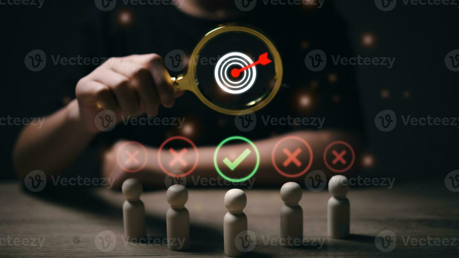 HRM or Human Resource Management, Magnifier glass focus to manager business icon which is among staff icons for human development recruitment leadership and customer target group concept. photo