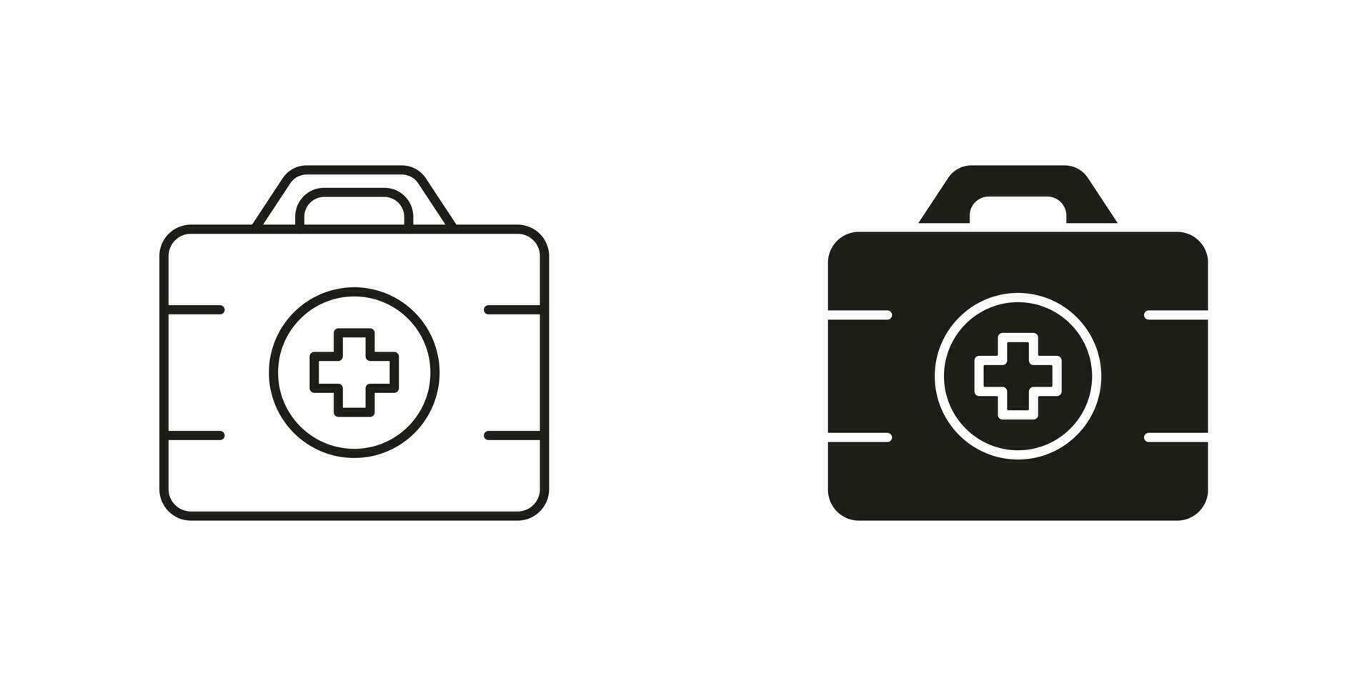 First Aid Kit Line and Silhouette Black Icon Set. Medicine Tools Box Sign. Medication Help Suitcase Symbol Collection. Doctor's Medical Emergency Case Pictogram. Isolated Vector Illustration.