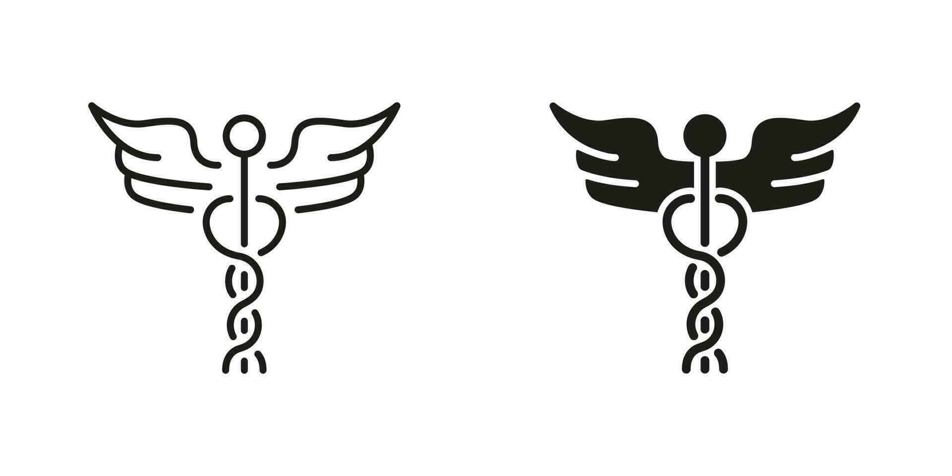 Pharmacy Emblem, Hospital Pictogram. Caduceus Medical Sign. Pharmaceutical Healthcare Symbol Collection. Caduceus Greek Insignia Line and Silhouette Black Icon Set. Isolated Vector Illustration.