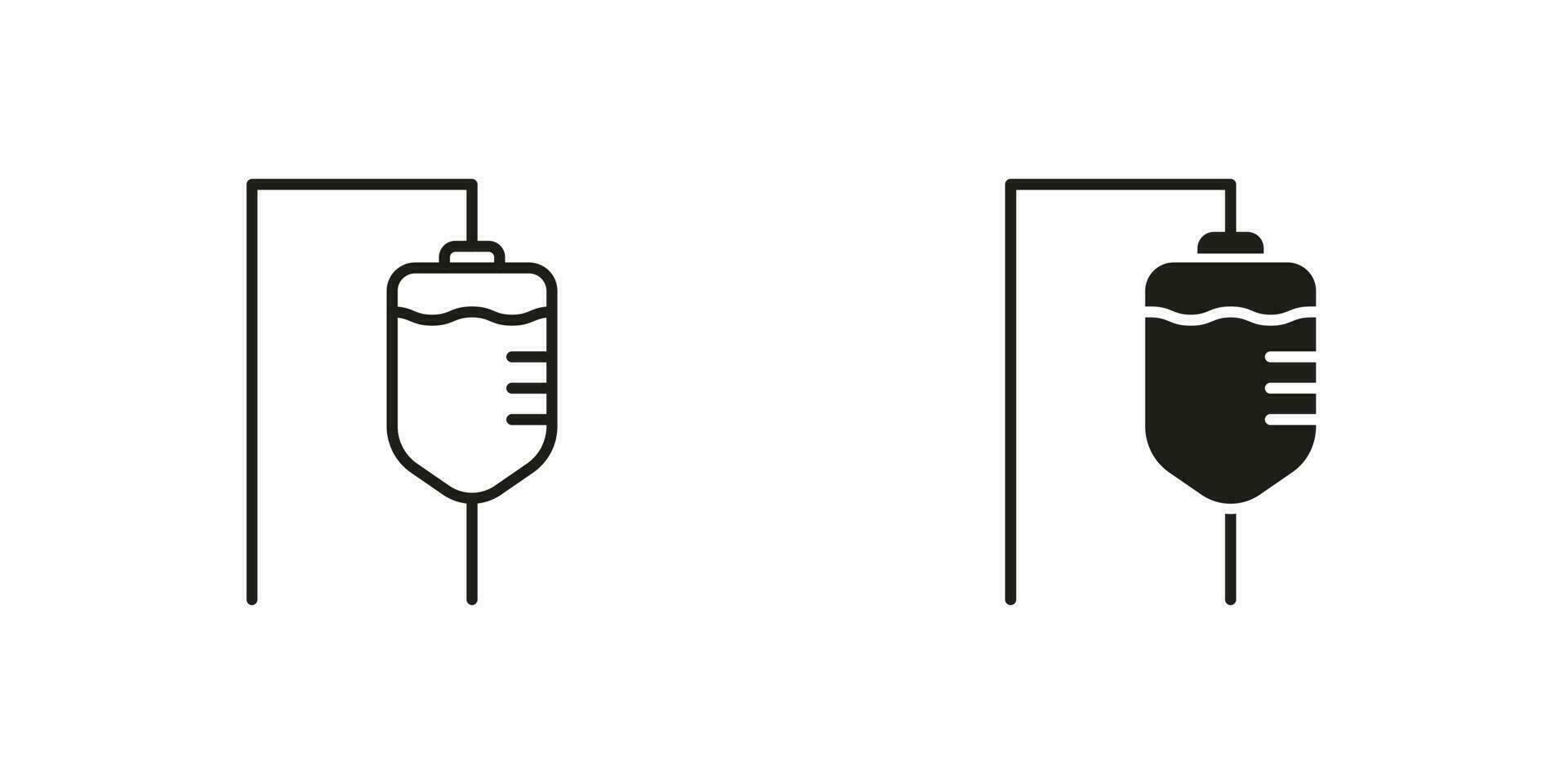Iv Drip Line and Silhouette Black Icon Set. Infusion Medication Aid Symbol Collection. Infusion Medical Bag Pictogram. Medicine Treatment, Intravenous Injection Sign. Isolated Vector Illustration.