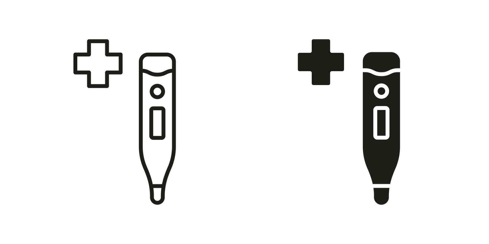 termómetro línea y silueta negro icono colocar. médico herramienta para temperatura controlar pictograma. Celsius, electrónico termómetro símbolo recopilación. salud cuidado instrumento. aislado vector ilustración.