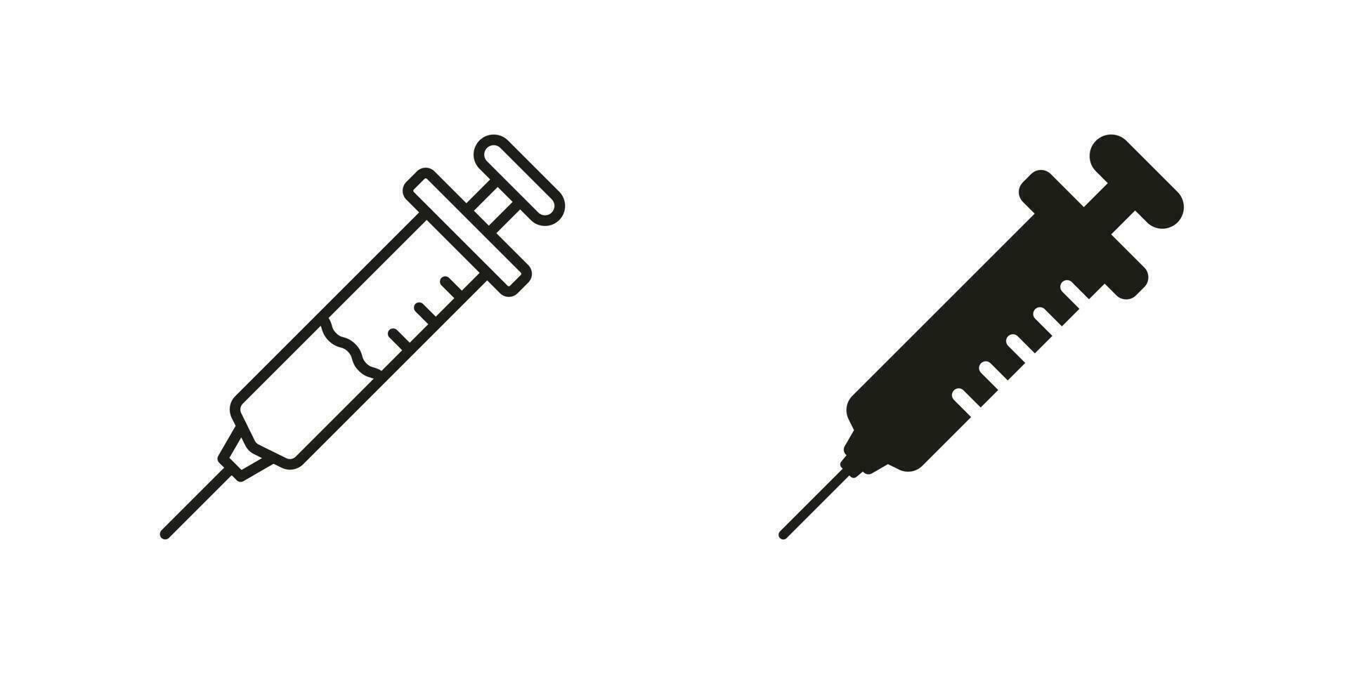 Vaccine Injection Pictogram. Syringe, Needle Line and Silhouette Black Icon Set. Medical Inject Symbol Collection. Healthcare Immunization. Vaccination, Injector Sign. Isolated Vector Illustration.