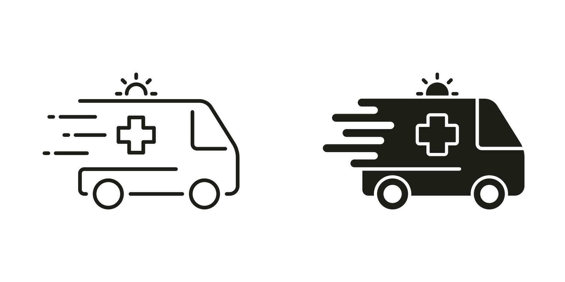 Ambulance Line and Silhouette Black Icon Set. Emergency Car for Patients Pictogram. Fast Paramedic's Transport for First Aid Symbol Collection. Urgent Medical Help. Isolated Vector Illustration.