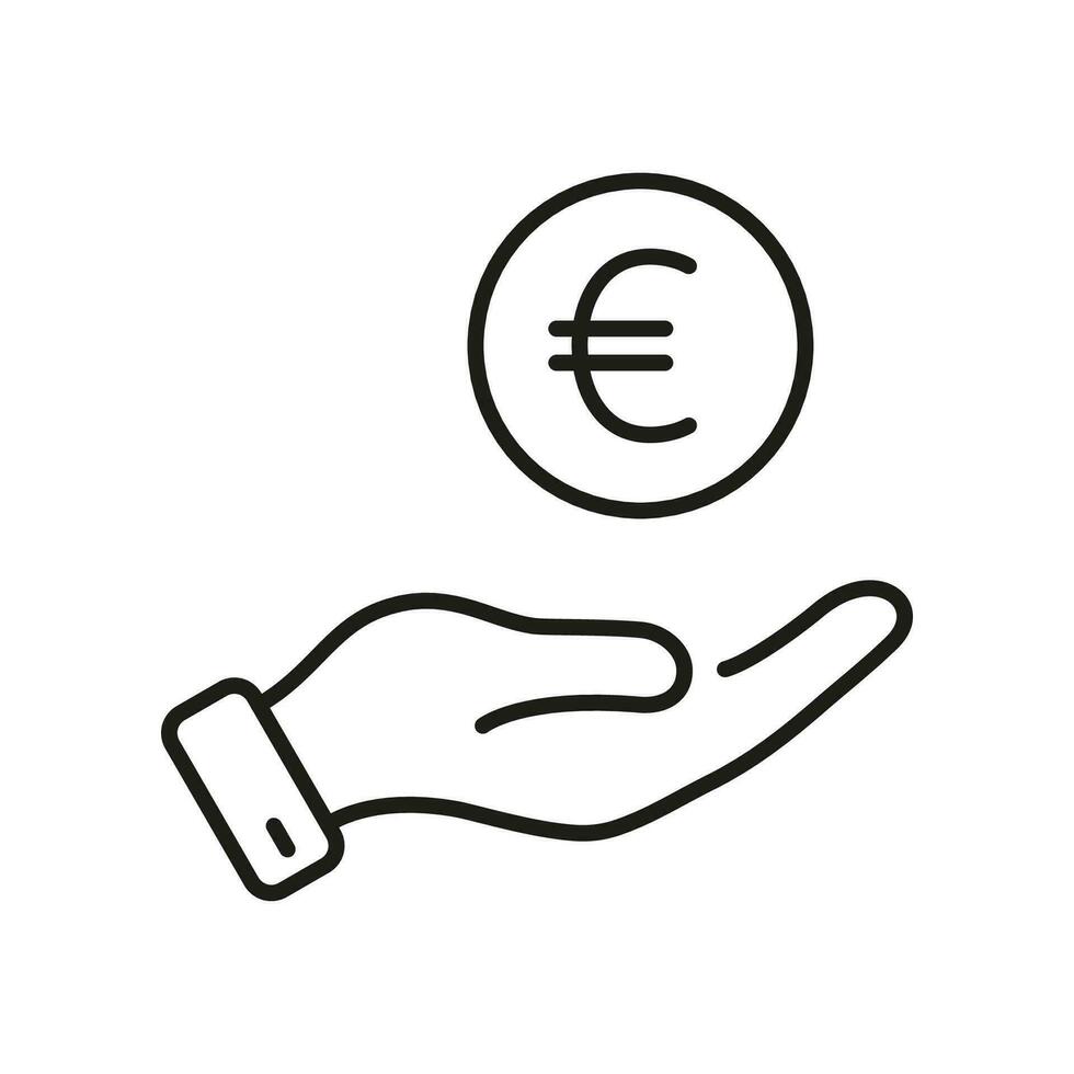 Euro Coin in Human Hand Line Icon. Save Money Sign. Salary, Finance Payment Linear Pictogram. Business Wealth Outline Symbol. Financial Economy. Editable Stroke. Isolated Vector Illustration.