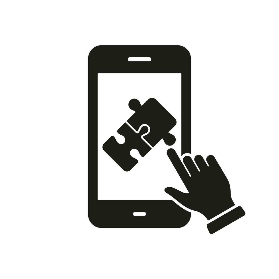 Mobile Phone with Digital Puzzle Solid Sign. Puzzle Game in Smartphone Silhouette Icon. Online App Jigsaw in Cellphone Pictogram. Communication, Education, Friendship. Isolated Vector Illustration.