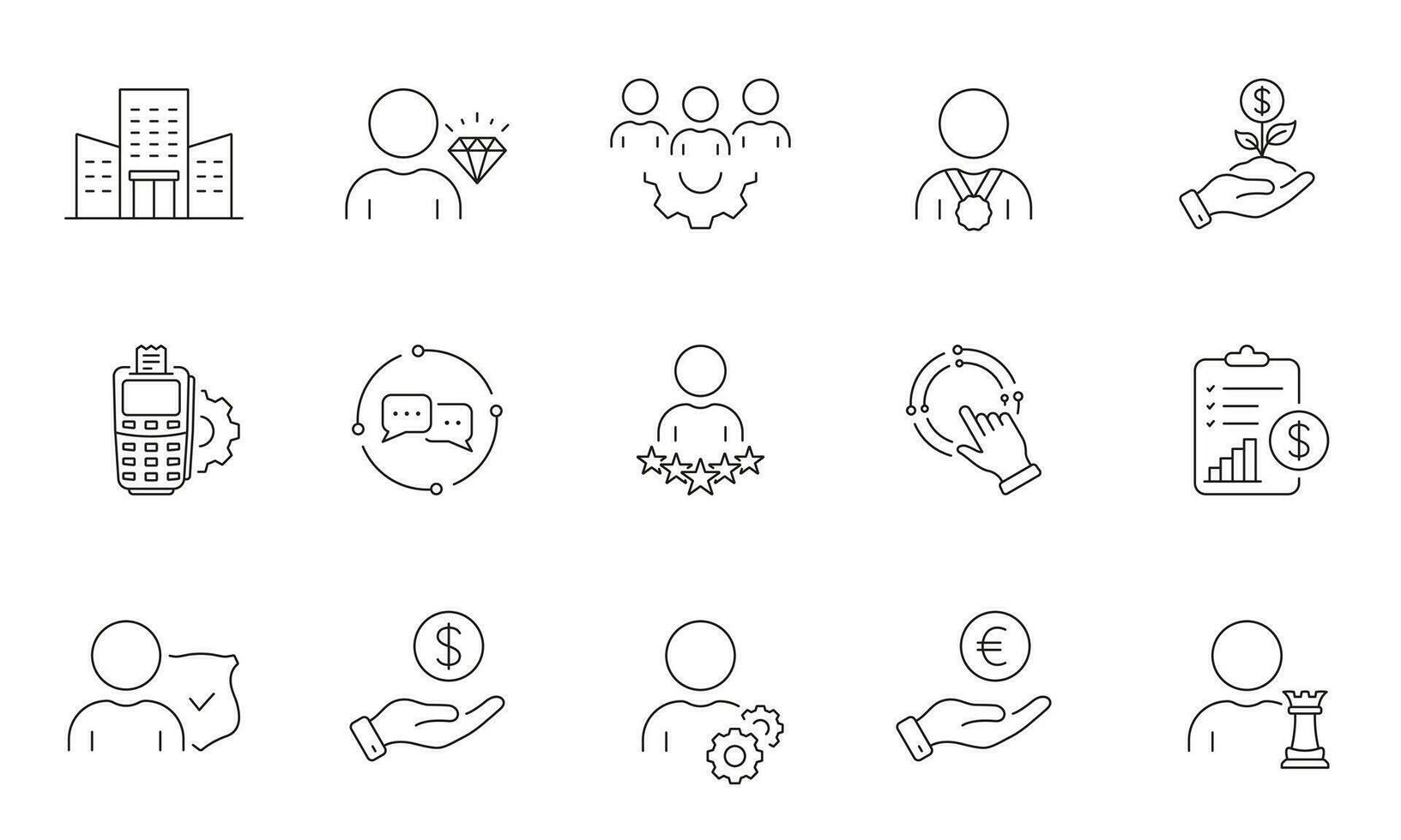 Business Strategy Line Icon Set. Client Oriented Service, Customer Satisfaction Growth Linear Pictogram. Development Outline Symbol. Finance Payment. Editable Stroke. Isolated Vector Illustration.