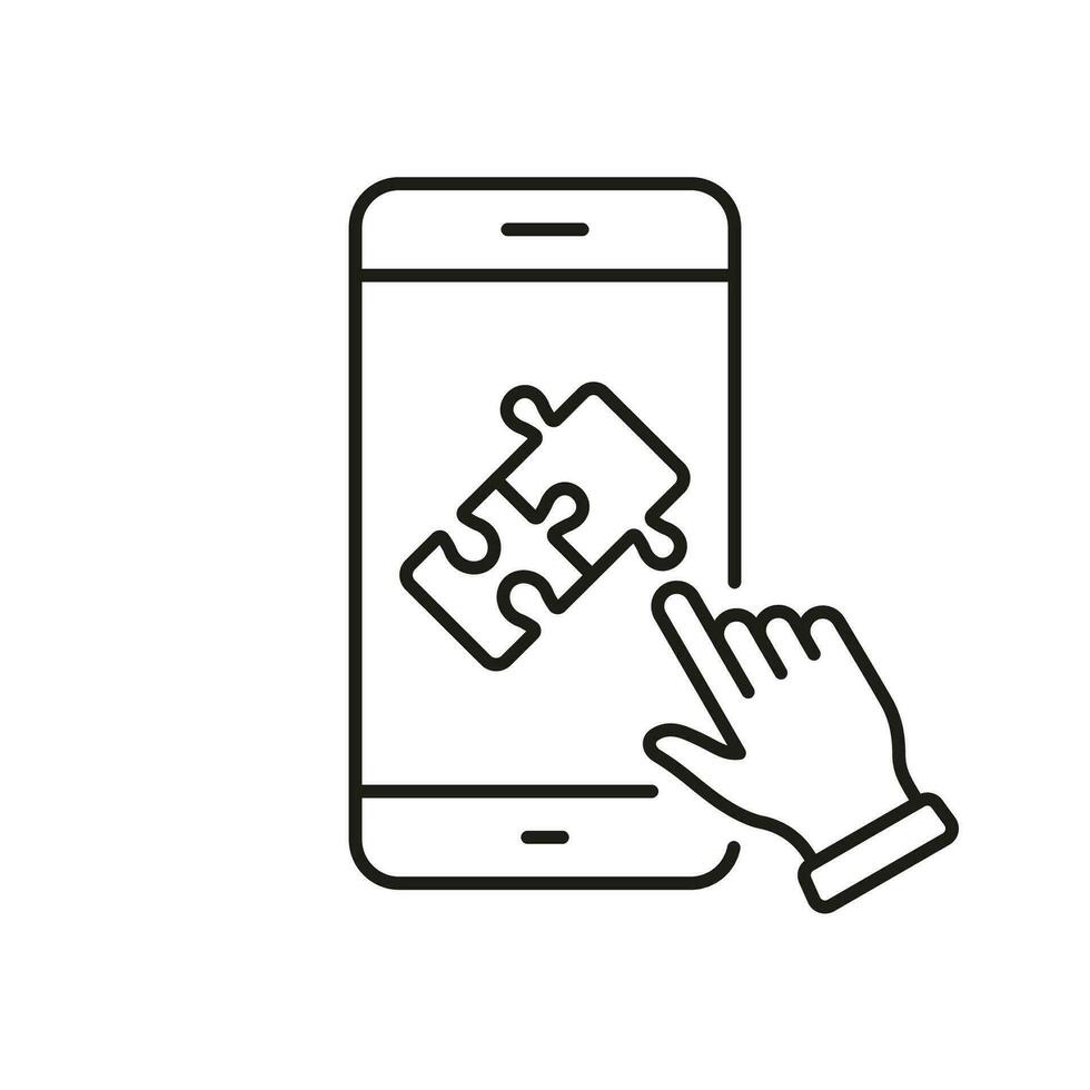 Puzzle Game in Smartphone Line Icon. Online App Jigsaw in Cellphone Linear Pictogram. Mobile Phone with Digital Puzzle Outline Sign. Editable Stroke. Isolated Vector Illustration.