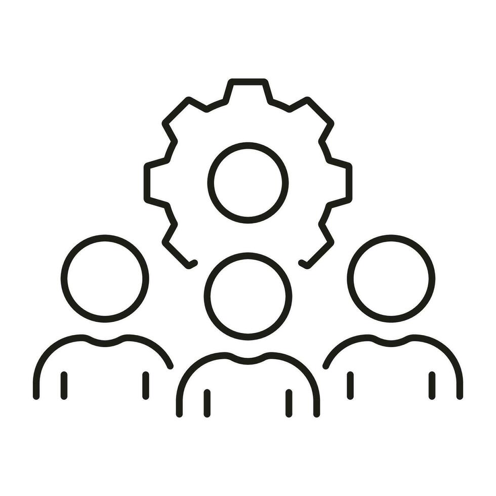 Workforce Line Icon. People with Gear Linear Pictogram, Team Work Concept. Manager with Cog Wheel. Project Management, Teamwork Outline Symbol. Editable Stroke. Isolated Vector Illustration.