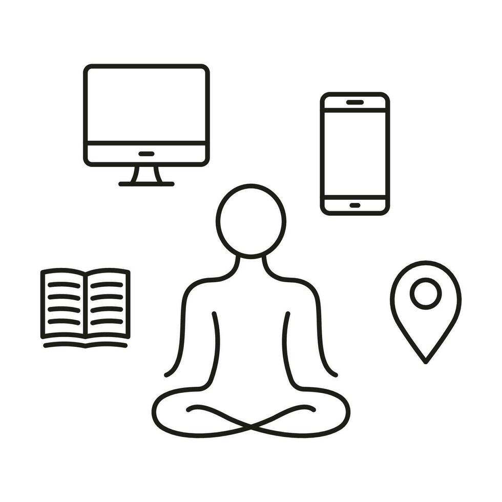 Yoga and Digital Detox Line Icon. Relax, Healthy Lifestyle, Wellness Linear Pictogram. Person Offline, Social Media Detoxification Outline Symbol. Editable Stroke. Isolated Vector Illustration.