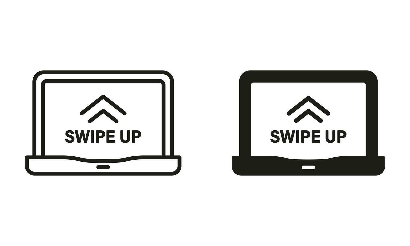 Swipe Up in Laptop Line and Silhouette Icon Set. Gesture on Computer Touch Screen Pictogram. Drag on Digital Device App Symbol, Touchscreen Technology Symbol Collection. Isolated Vector Illustration.