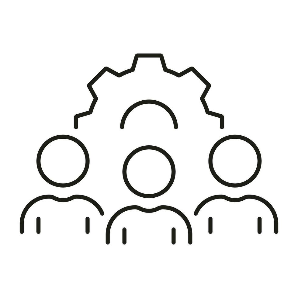 Project Management, Cooperation, Teamwork Line Icon. Employee Team with Gear Linear Pictogram. Group Of People with Cog Wheel. Workforce Outline Symbol. Editable Stroke. Isolated Vector Illustration