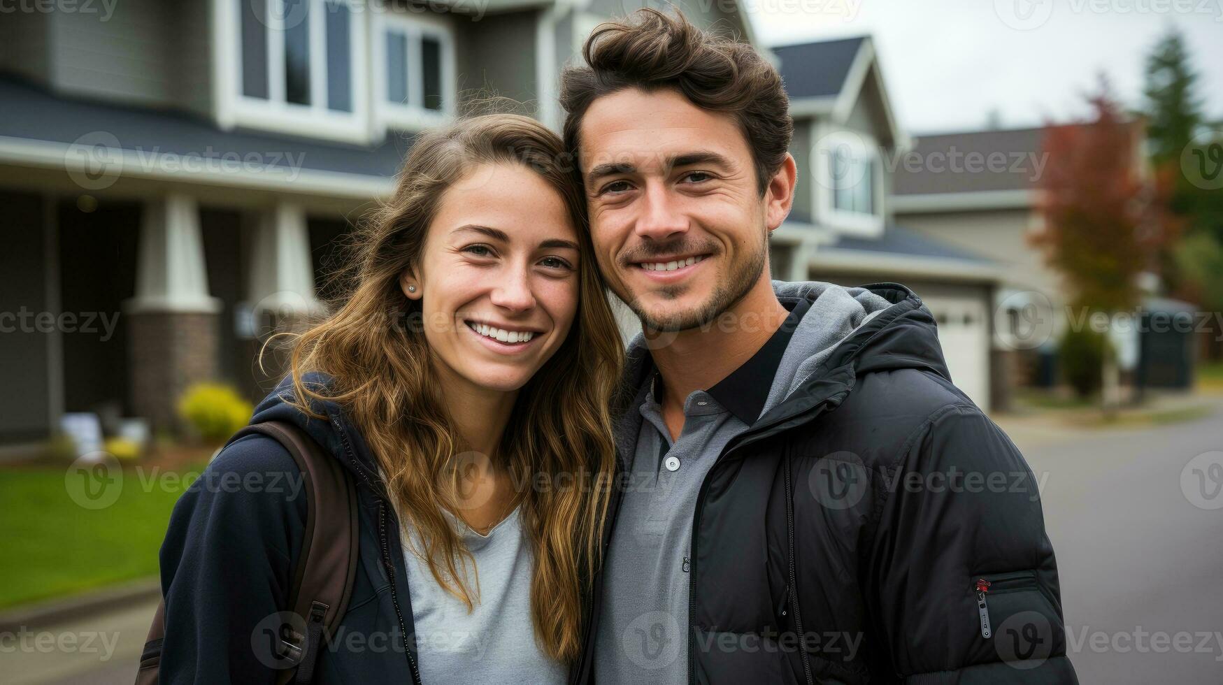 Pareja en pie en frente de nuevo casa ai generado foto