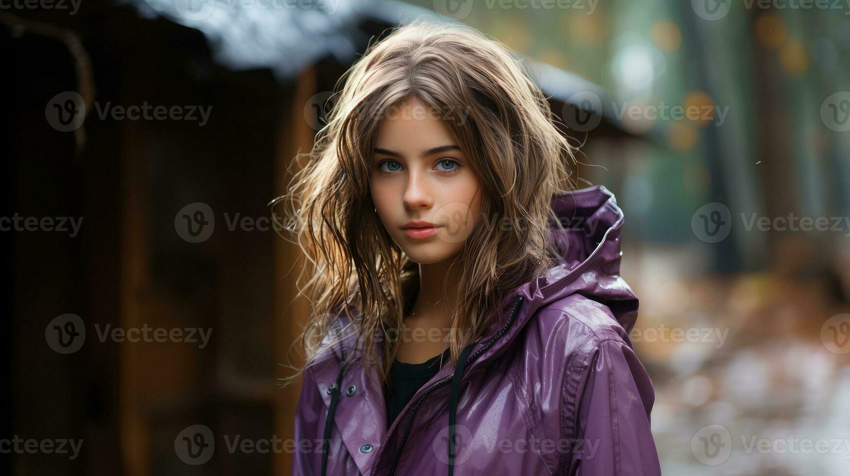 un linda niña en un púrpura lluvia Saco ai generado foto