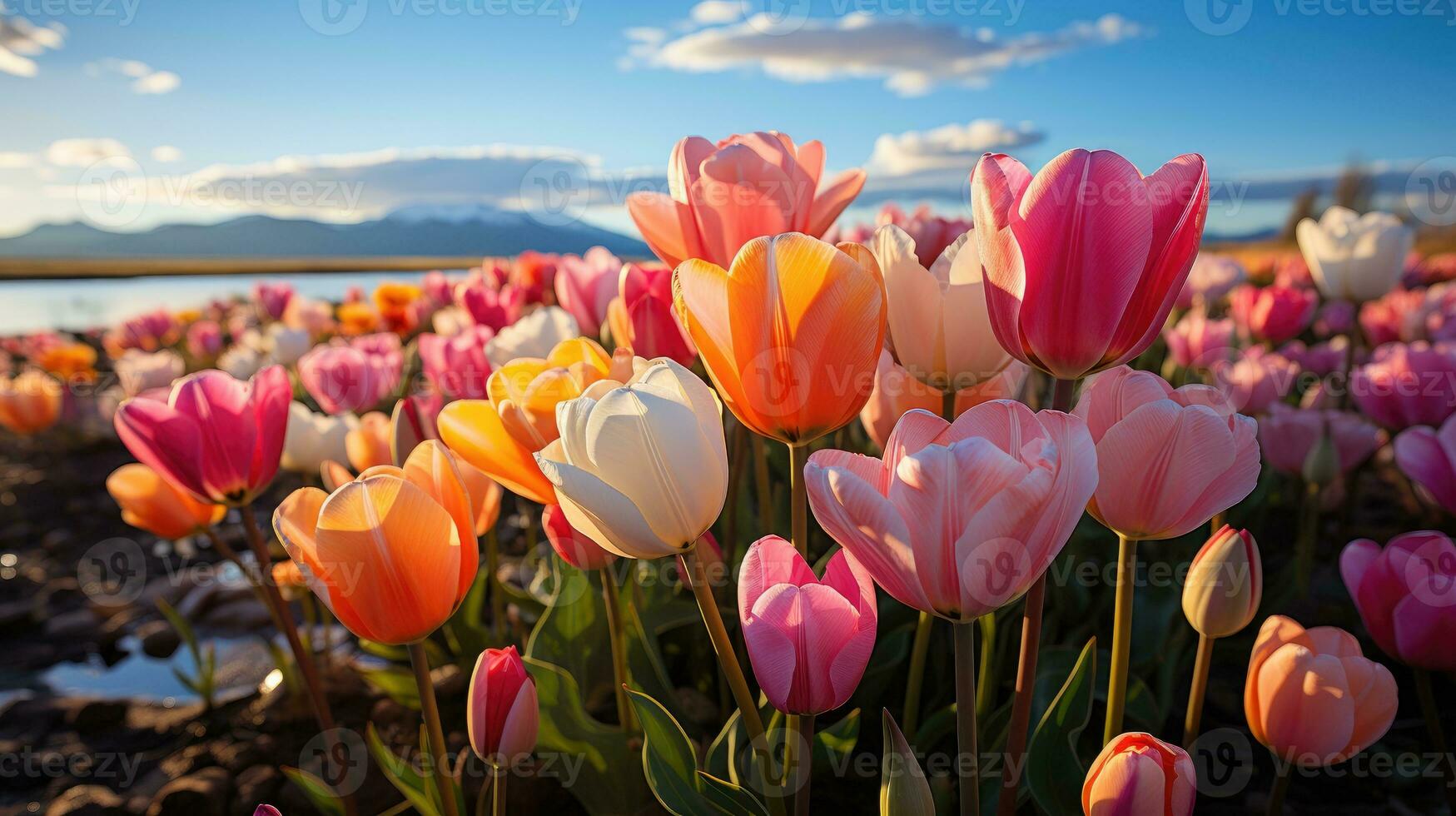 Field of colorful tulips AI Generated photo