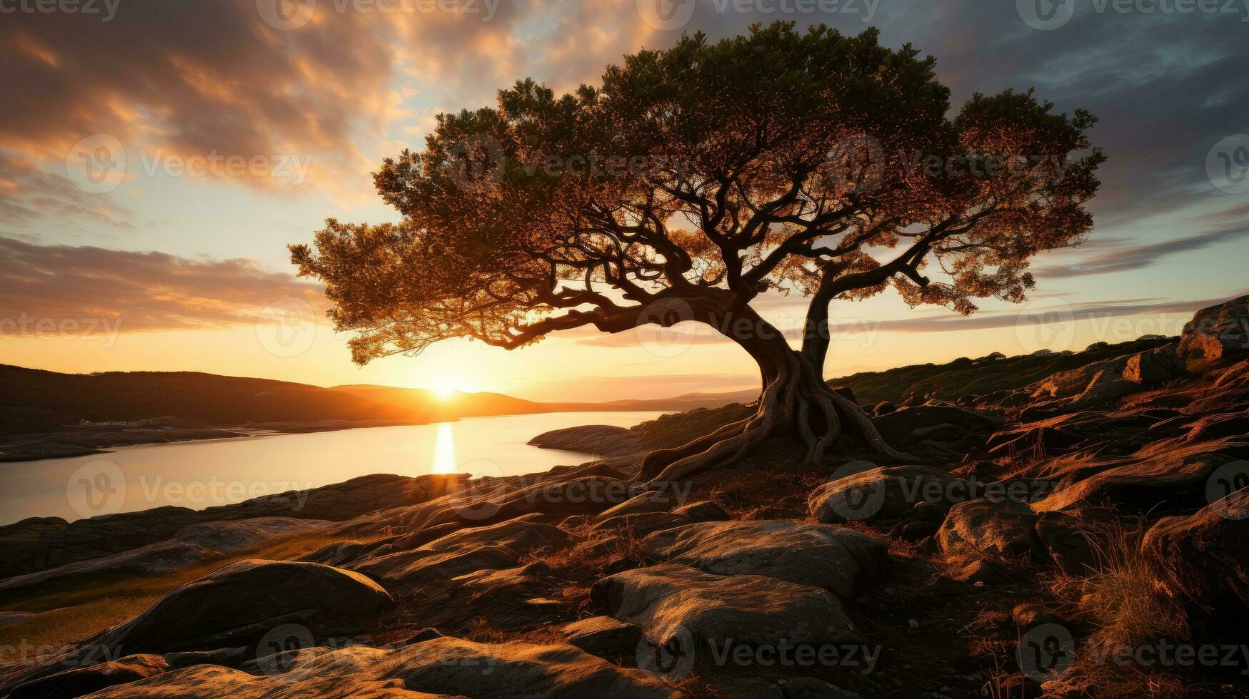Tree on hill with the sunset AI Generated photo
