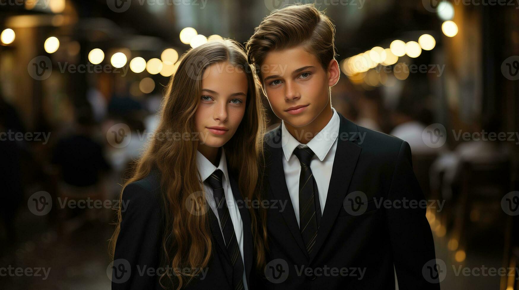 Handsome boy and cute girl in a suit AI Generated photo