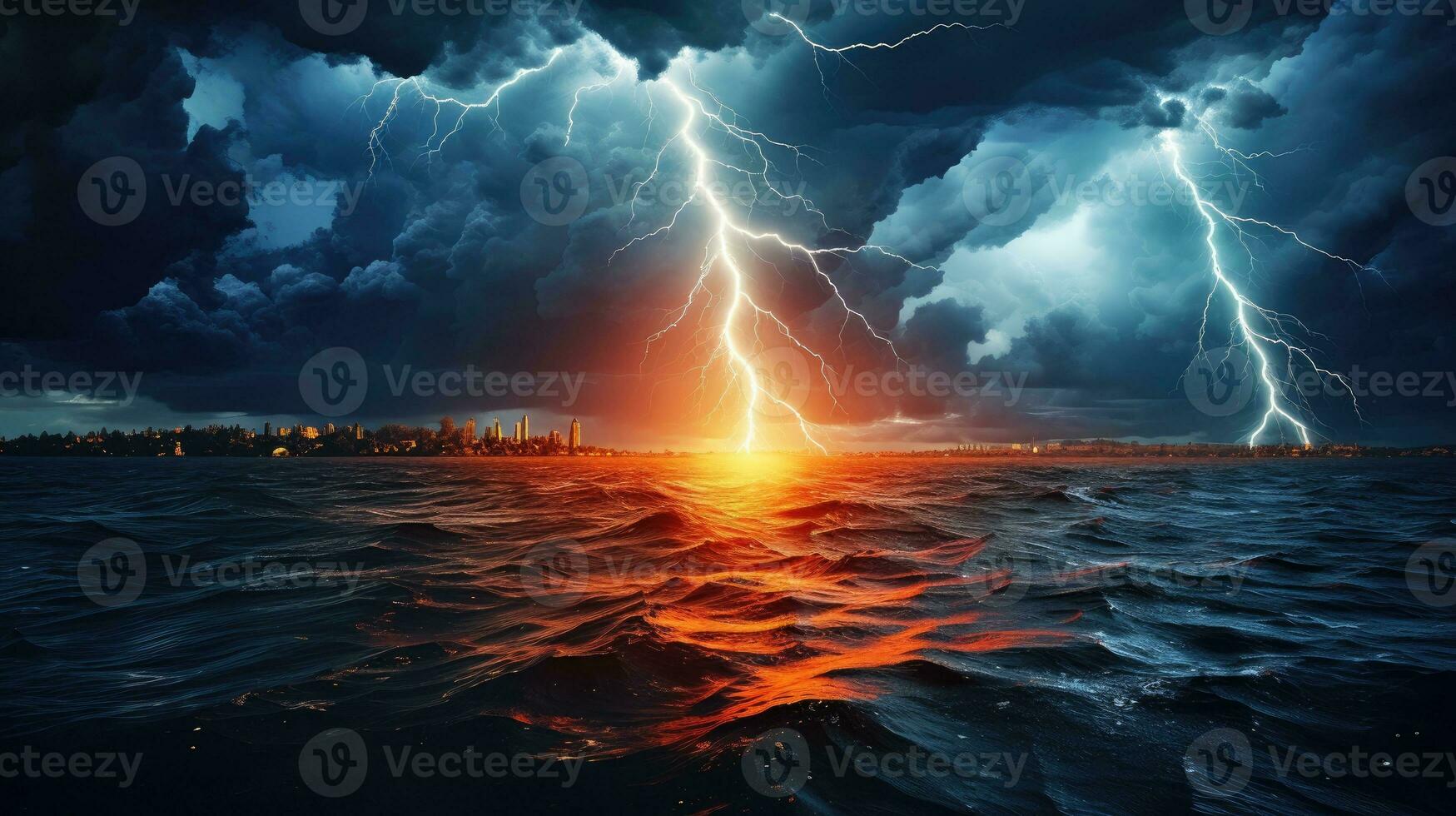 Lightning striking on the sea AI Generated photo